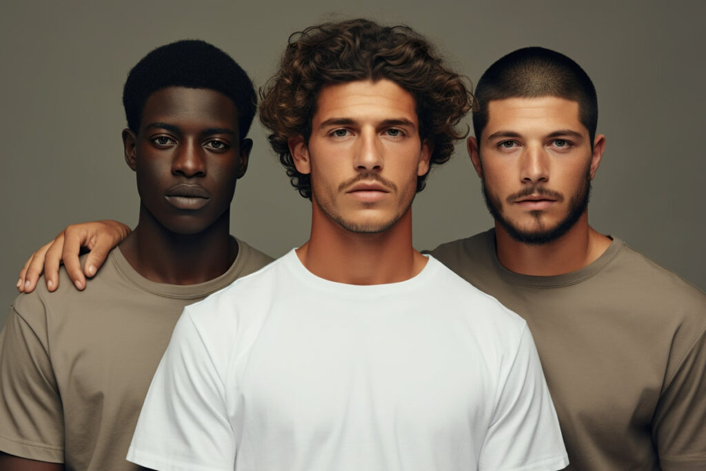 Diverse group of men standing together, confident multicultural male beauty in studio setting, diversity concept, isolated on gray background