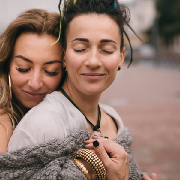 Hugging romantic womem Gay couple. Love story