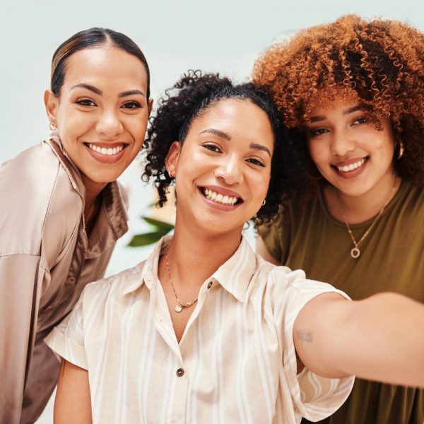 Selfie, fashion designer or portrait of women taking a photograph together for teamwork on break. Workplace, smile or excited group of happy employees in a picture for a social media memory or post.